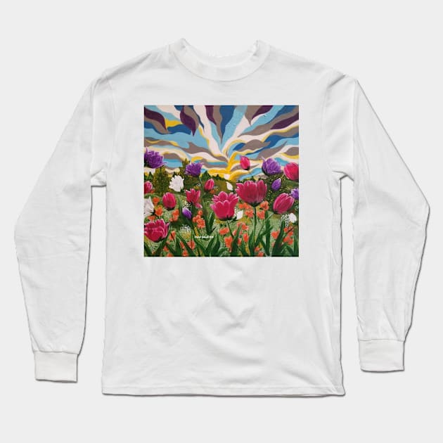 Field of Dreams, Landscape with flowers painting, acrylic floral landscape, colorful abstract landscape Long Sleeve T-Shirt by roxanegabriel